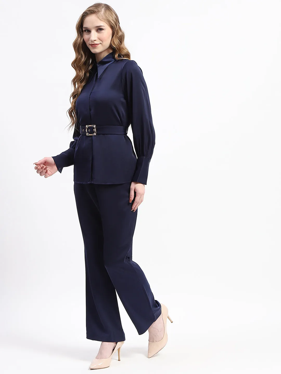 Madame Navy Blue Belted Shirt and Flared Bottom Coord Set