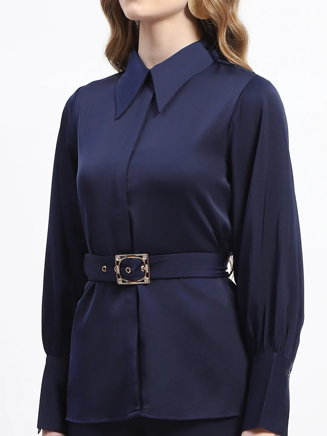 Madame Navy Blue Belted Shirt and Flared Bottom Coord Set