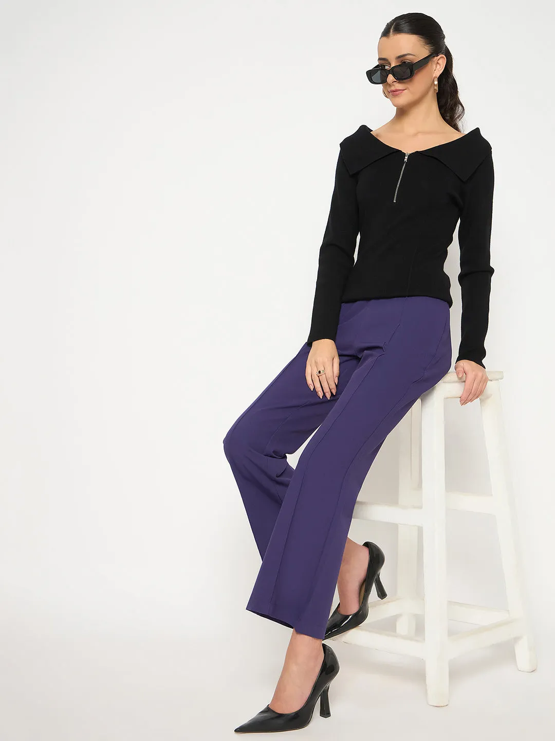 Madame Pleated Flared Purple Trousers