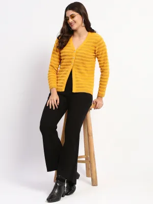 Madame Striped Mustard Yellow Full Sleeve Cardigan