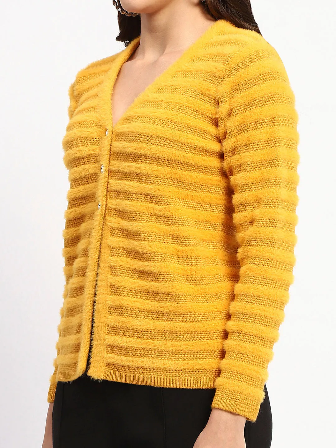 Madame Striped Mustard Yellow Full Sleeve Cardigan