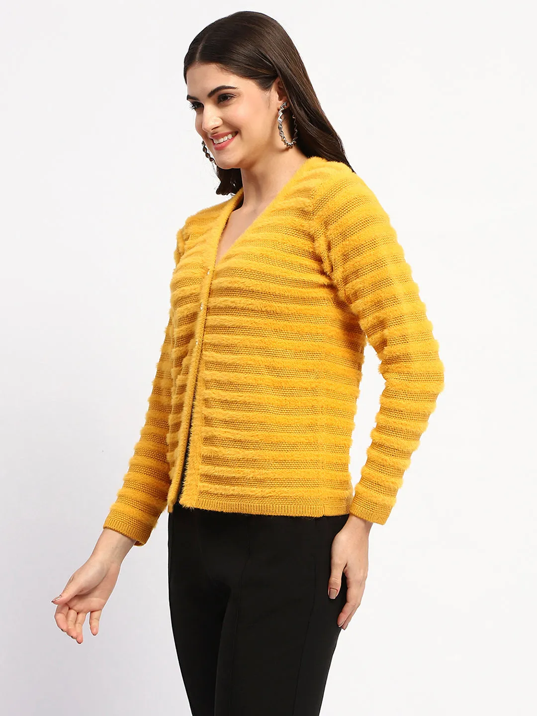 Madame Striped Mustard Yellow Full Sleeve Cardigan