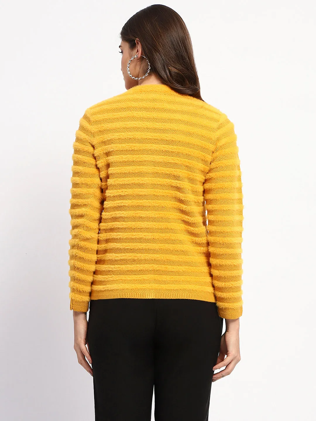 Madame Striped Mustard Yellow Full Sleeve Cardigan