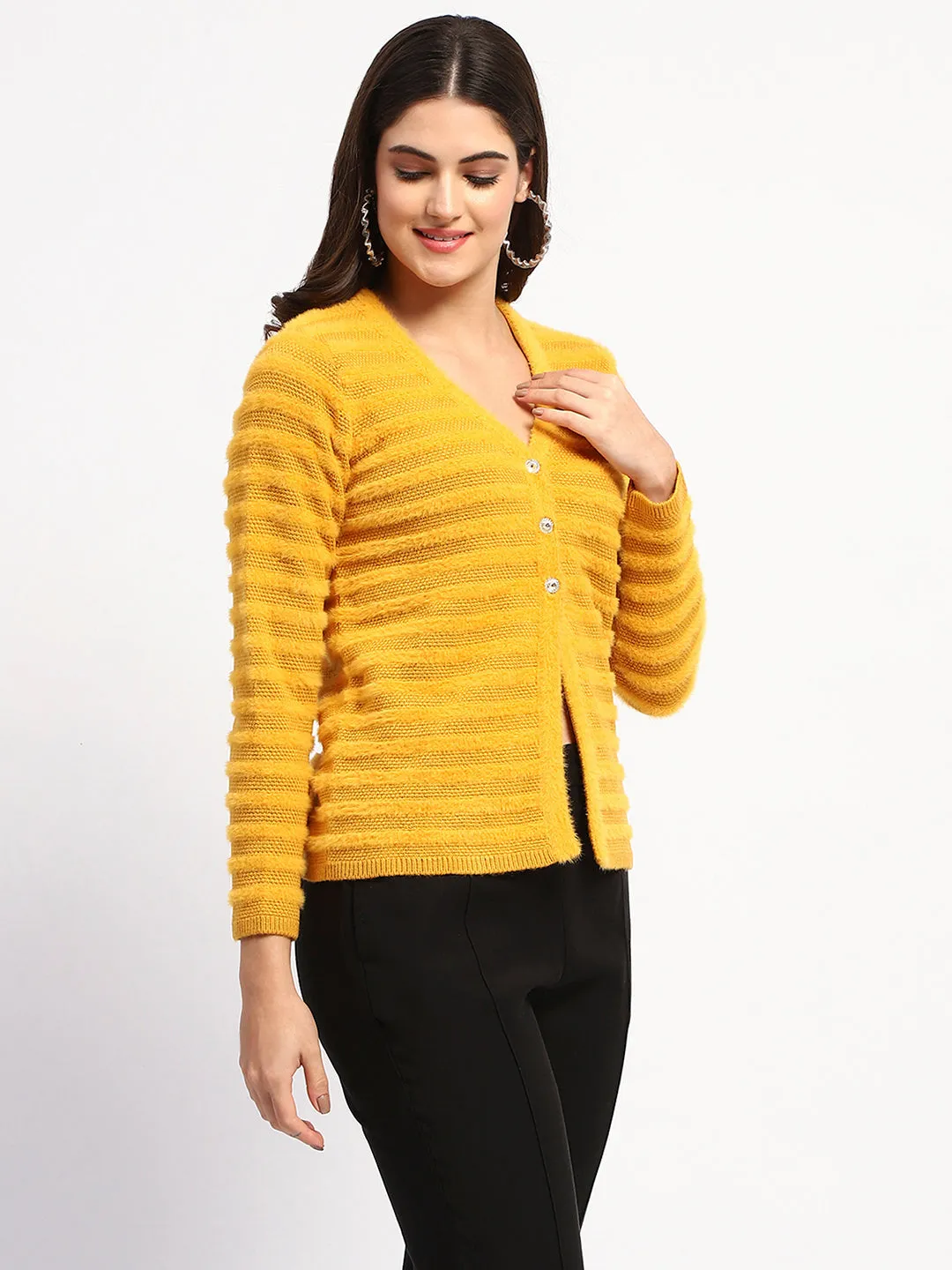 Madame Striped Mustard Yellow Full Sleeve Cardigan