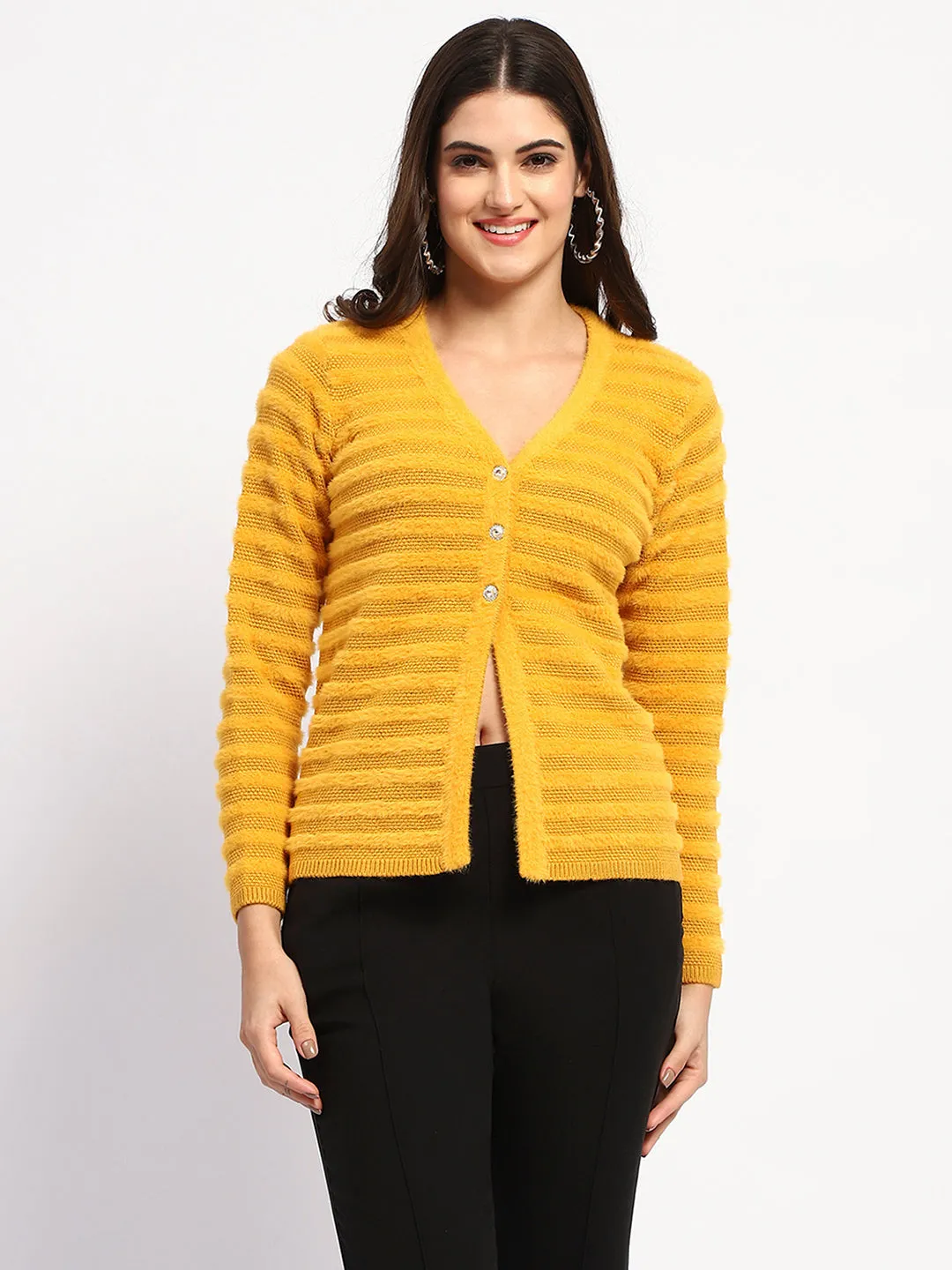 Madame Striped Mustard Yellow Full Sleeve Cardigan
