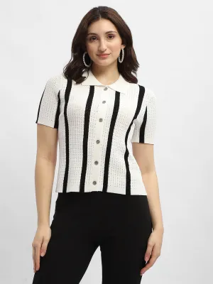 Madame Striped Off-White Polo Neck T-Shirt
