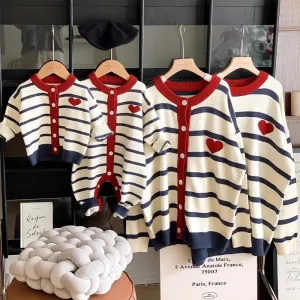 Matching Family Striped Cardigans  Navy and Red Heart Embroidery Knit Sweaters for Mom, Dad, and Kids