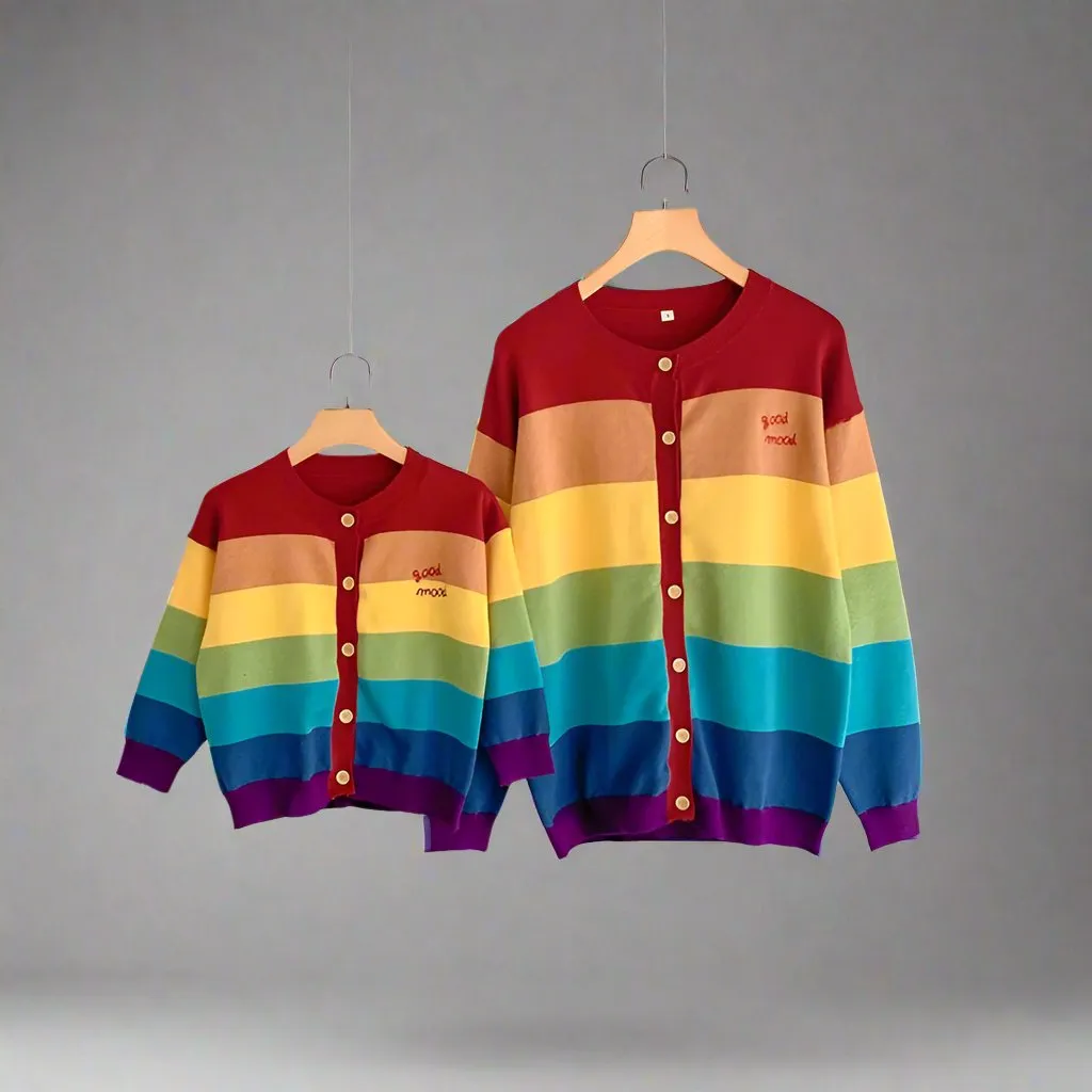 Matching Rainbow Striped Family Cardigans  Cozy "Good Mood" Knit Sweaters for Mom and Kids