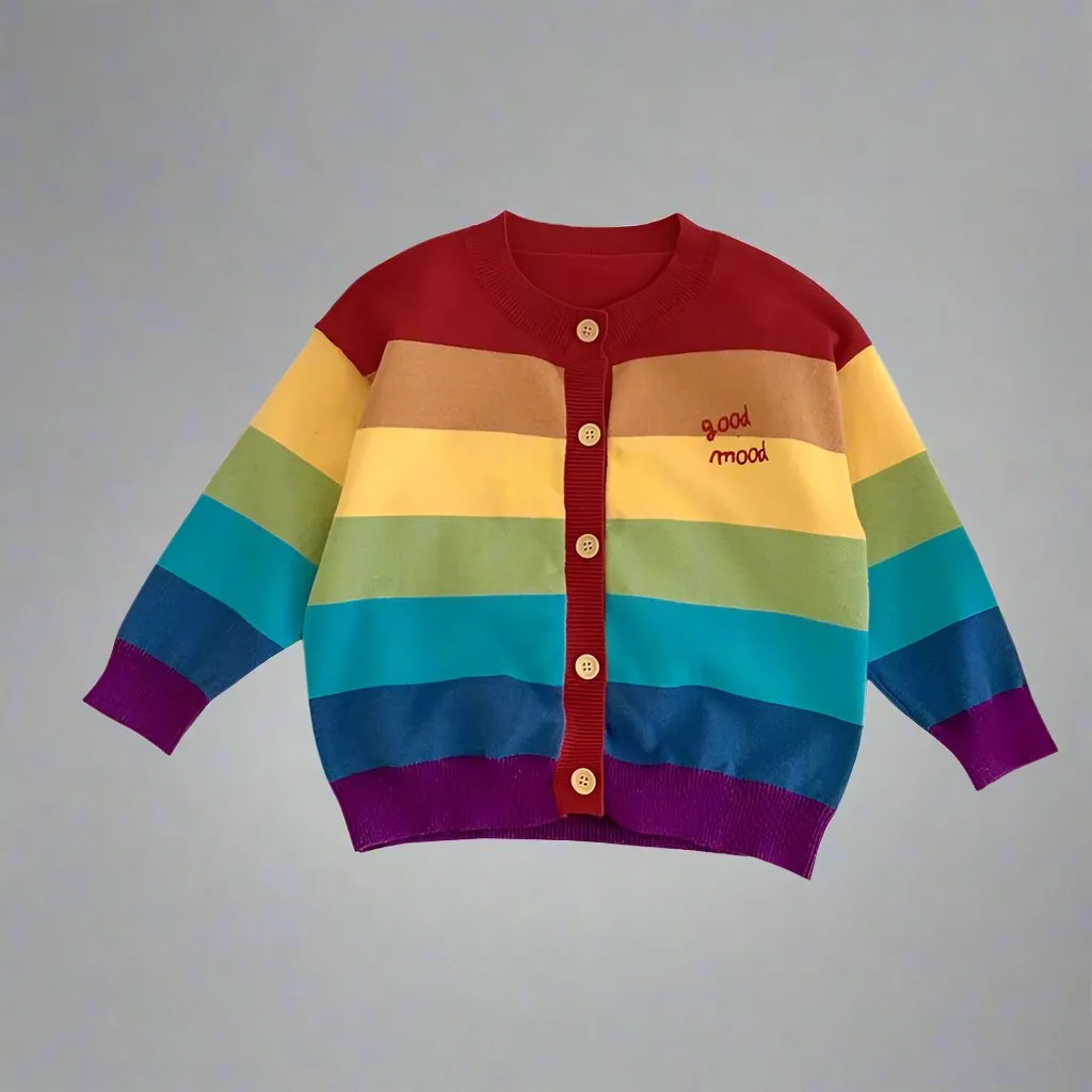 Matching Rainbow Striped Family Cardigans  Cozy "Good Mood" Knit Sweaters for Mom and Kids