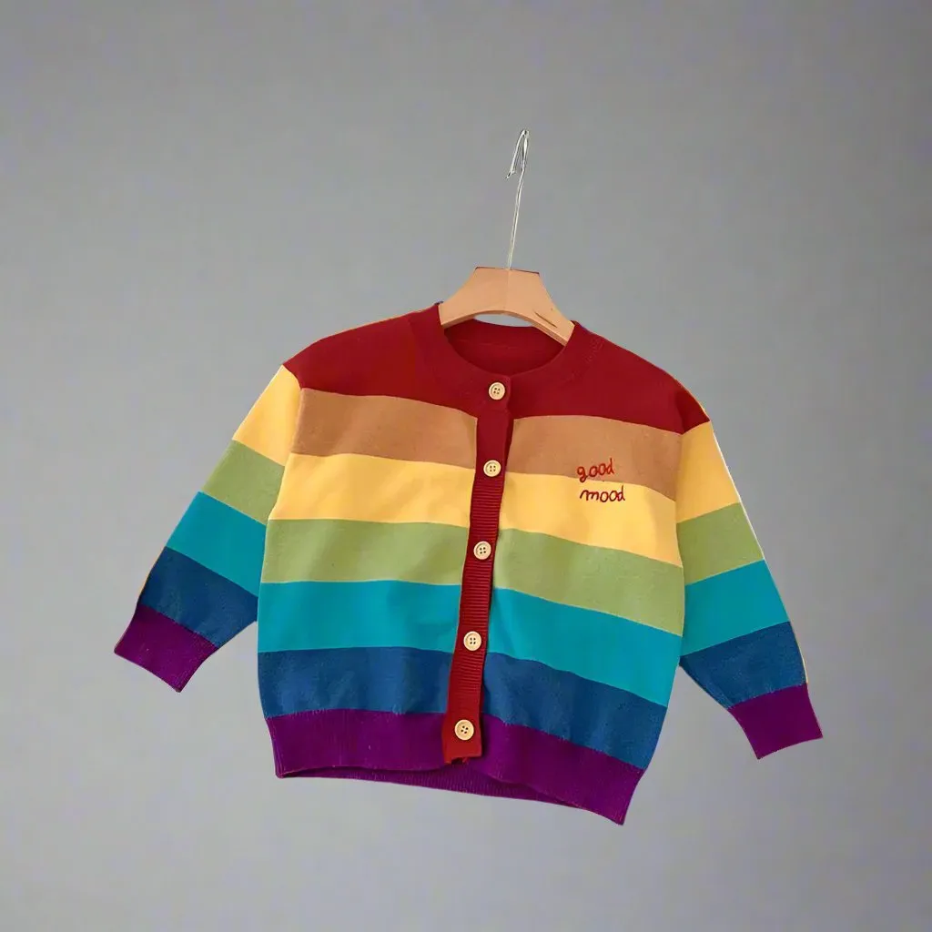 Matching Rainbow Striped Family Cardigans  Cozy "Good Mood" Knit Sweaters for Mom and Kids
