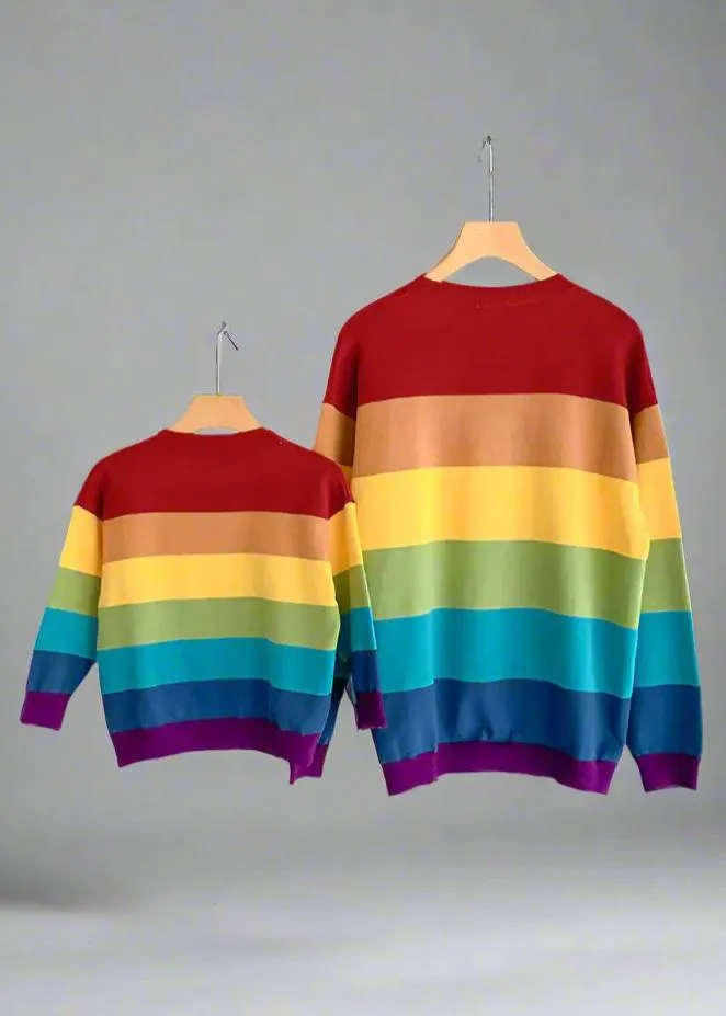Matching Rainbow Striped Family Cardigans  Cozy "Good Mood" Knit Sweaters for Mom and Kids