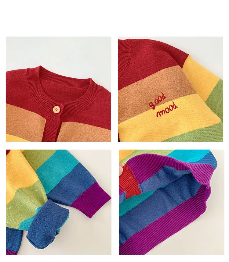 Matching Rainbow Striped Family Cardigans  Cozy "Good Mood" Knit Sweaters for Mom and Kids