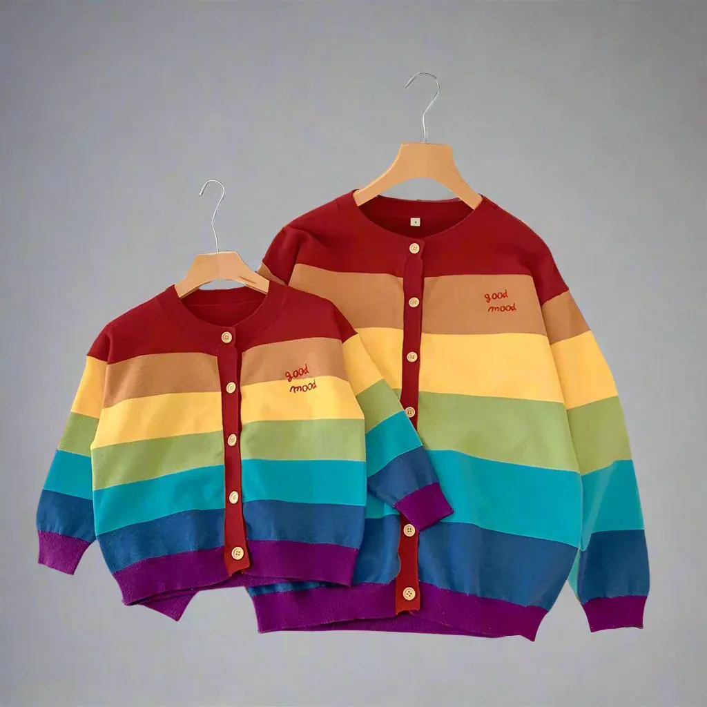 Matching Rainbow Striped Family Cardigans  Cozy "Good Mood" Knit Sweaters for Mom and Kids