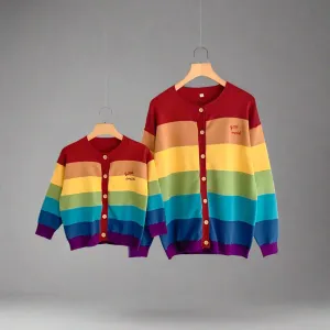 Matching Rainbow Striped Family Cardigans  Cozy "Good Mood" Knit Sweaters for Mom and Kids