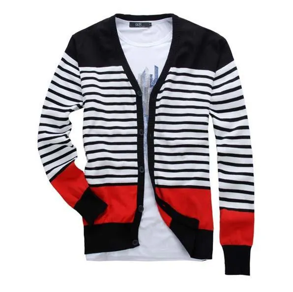 Men's Striped V-Neck Cardigan Up To 5XL
