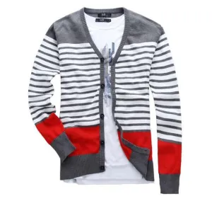Men's Striped V-Neck Cardigan Up To 5XL