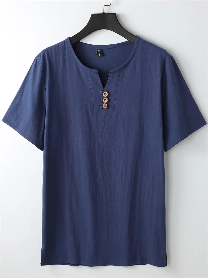 Men's V-Neck Short-Sleeved Linen Shirt