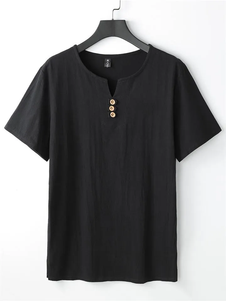 Men's V-Neck Short-Sleeved Linen Shirt