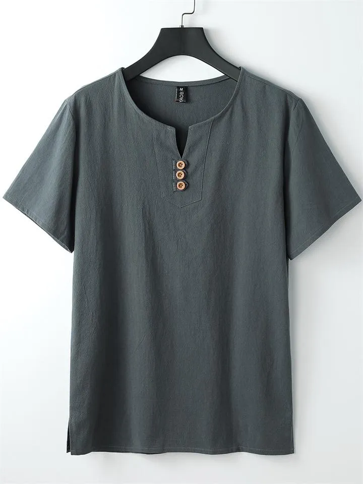 Men's V-Neck Short-Sleeved Linen Shirt