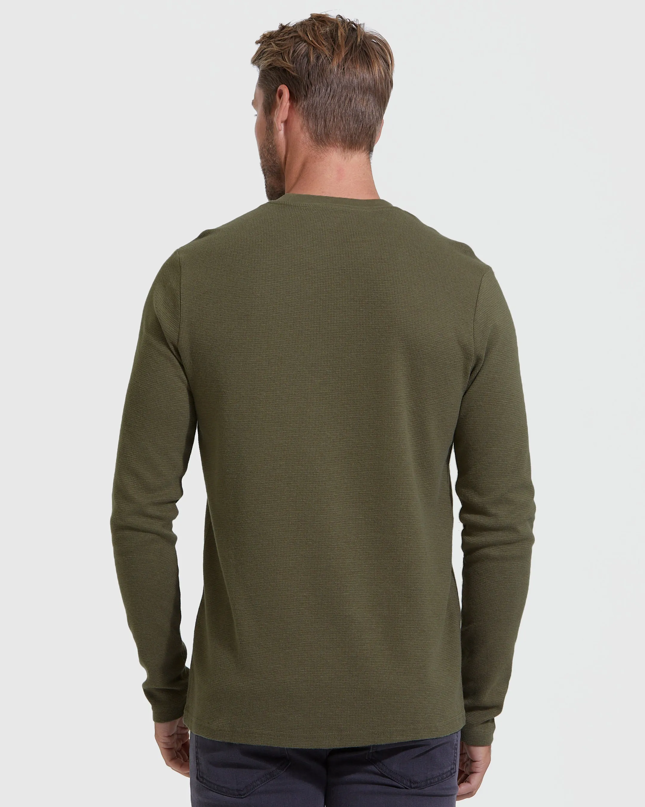 Military Green Waffle Long Sleeve Crew Neck
