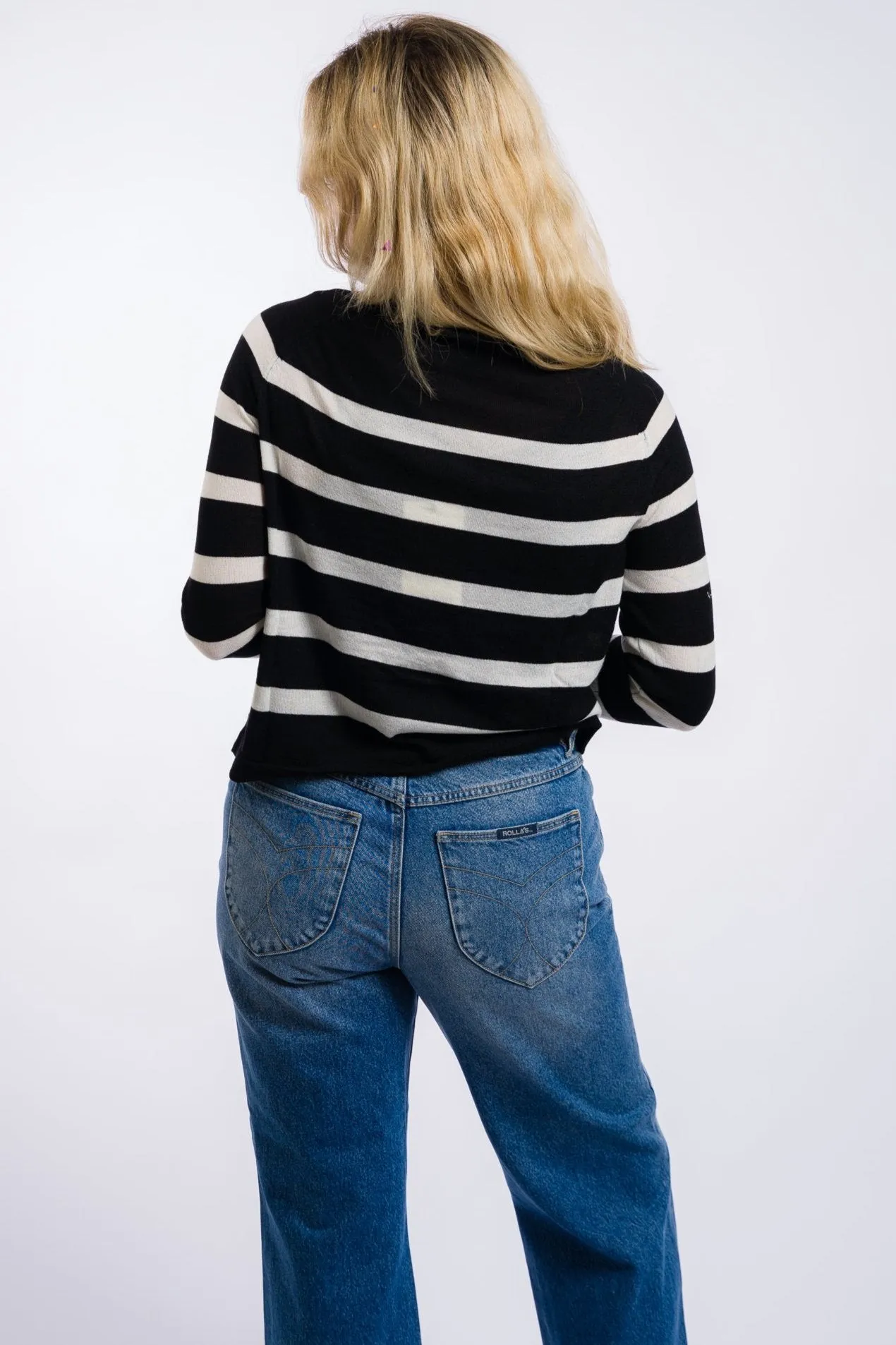 Miou Muse Striped Round Neck Basic Body Sweater Top - Black/White