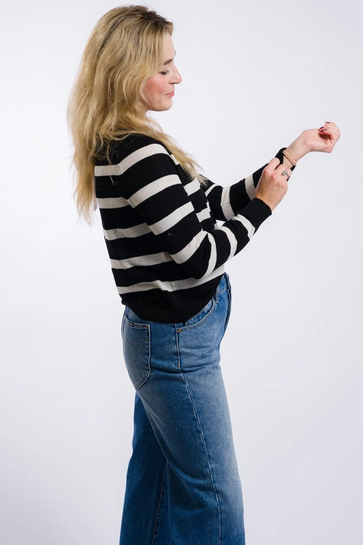Miou Muse Striped Round Neck Basic Body Sweater Top - Black/White