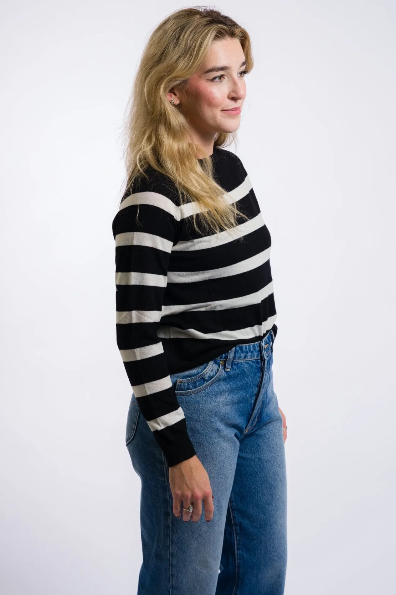 Miou Muse Striped Round Neck Basic Body Sweater Top - Black/White