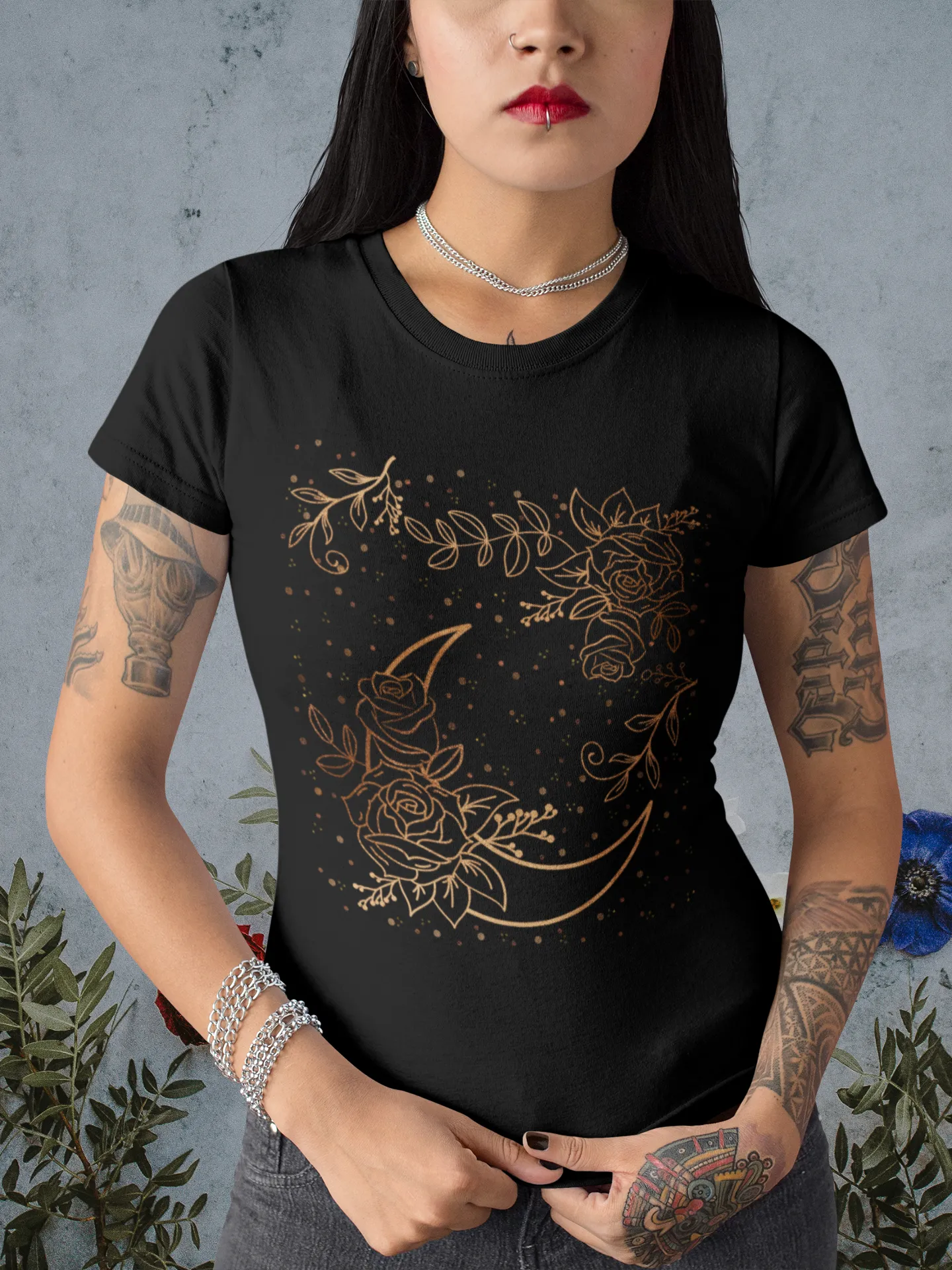 Moon Flowers Black Tee, Witch Shirt, Unisex Jersey Short Sleeve Tee