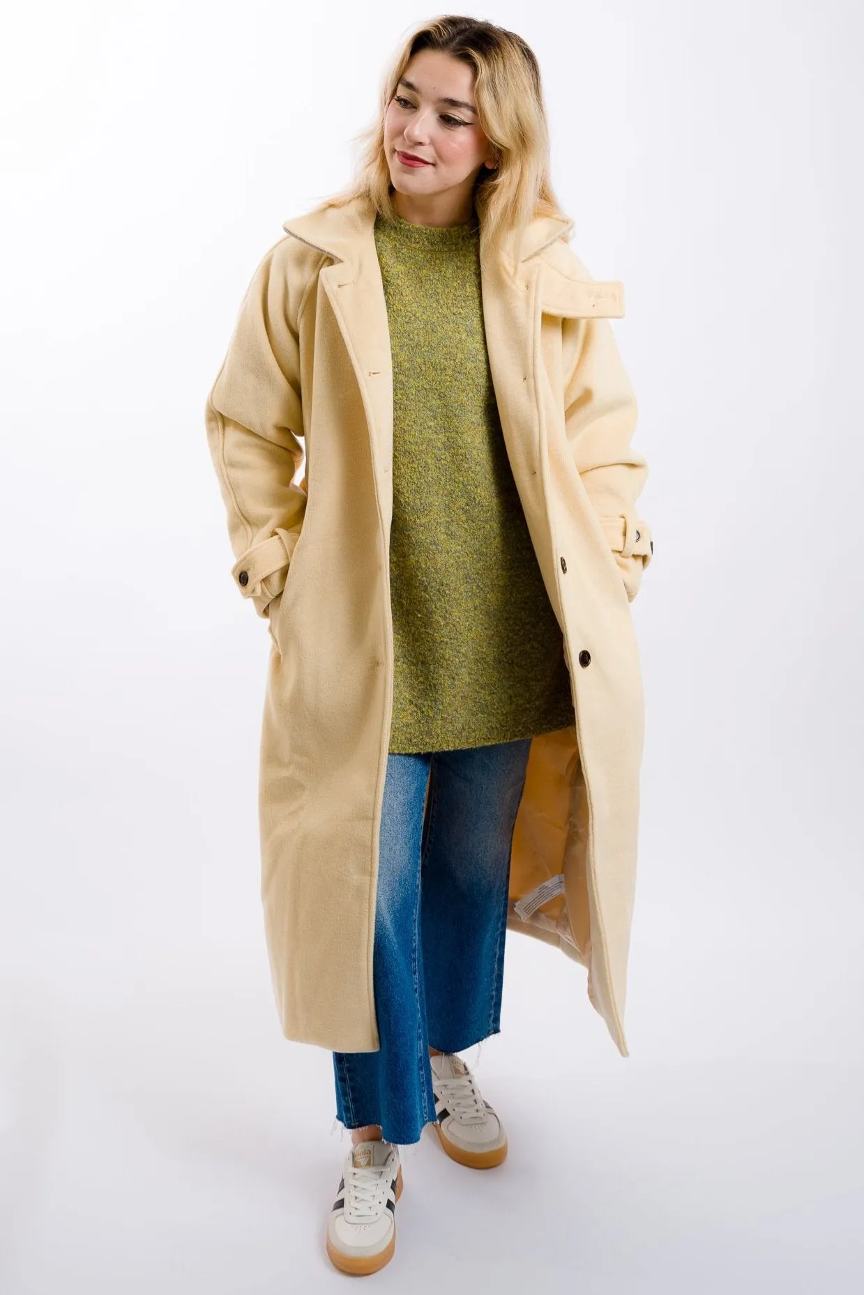 Moon River Belted Duster Overcoat - Light Yellow