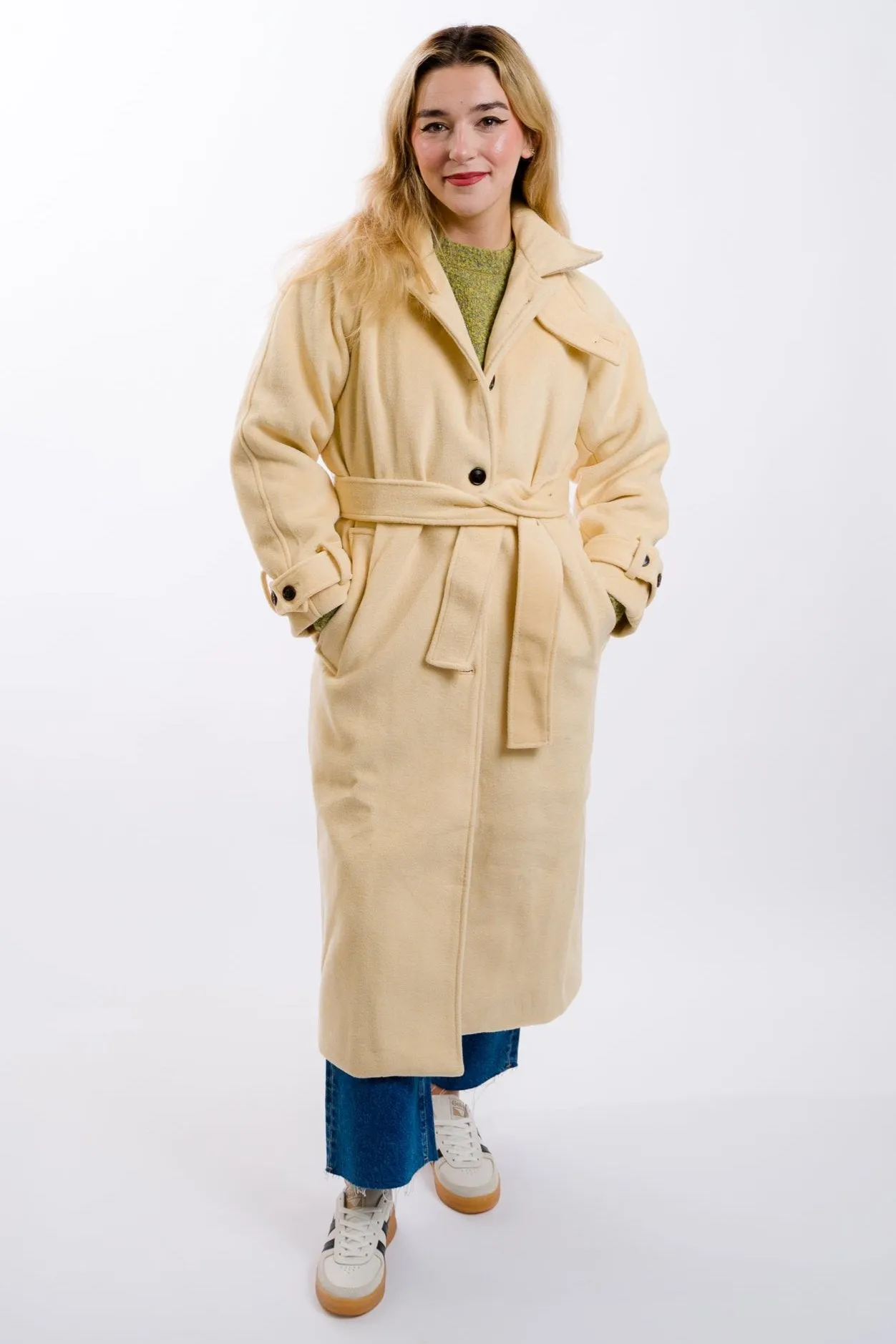Moon River Belted Duster Overcoat - Light Yellow