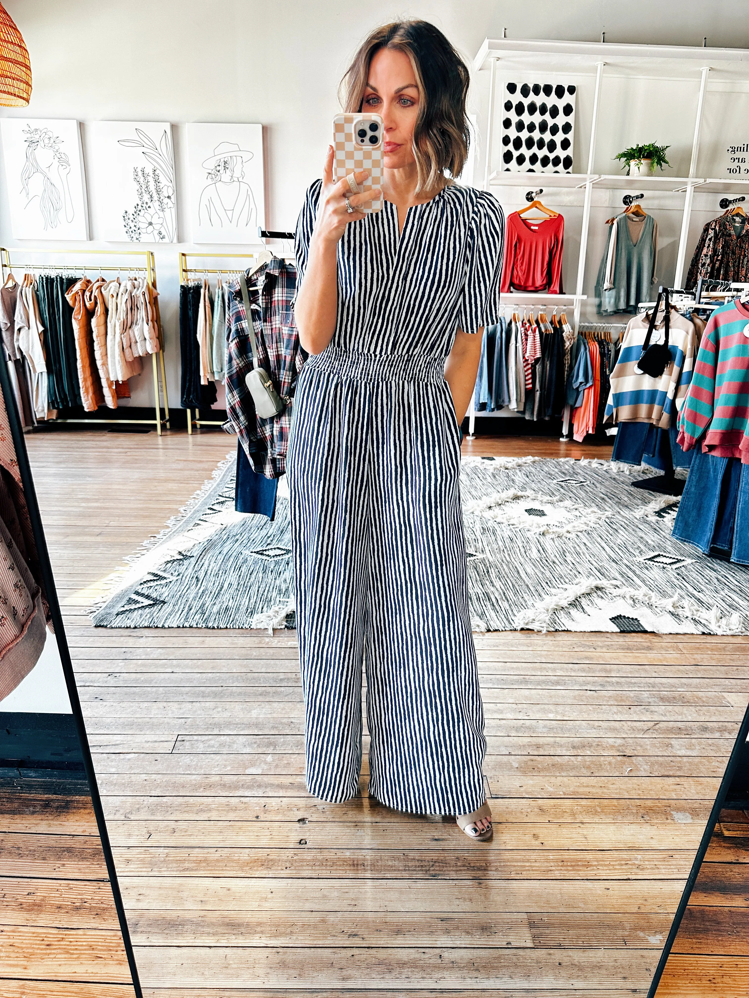 Morocco Short Sleeve Striped Jumpsuit