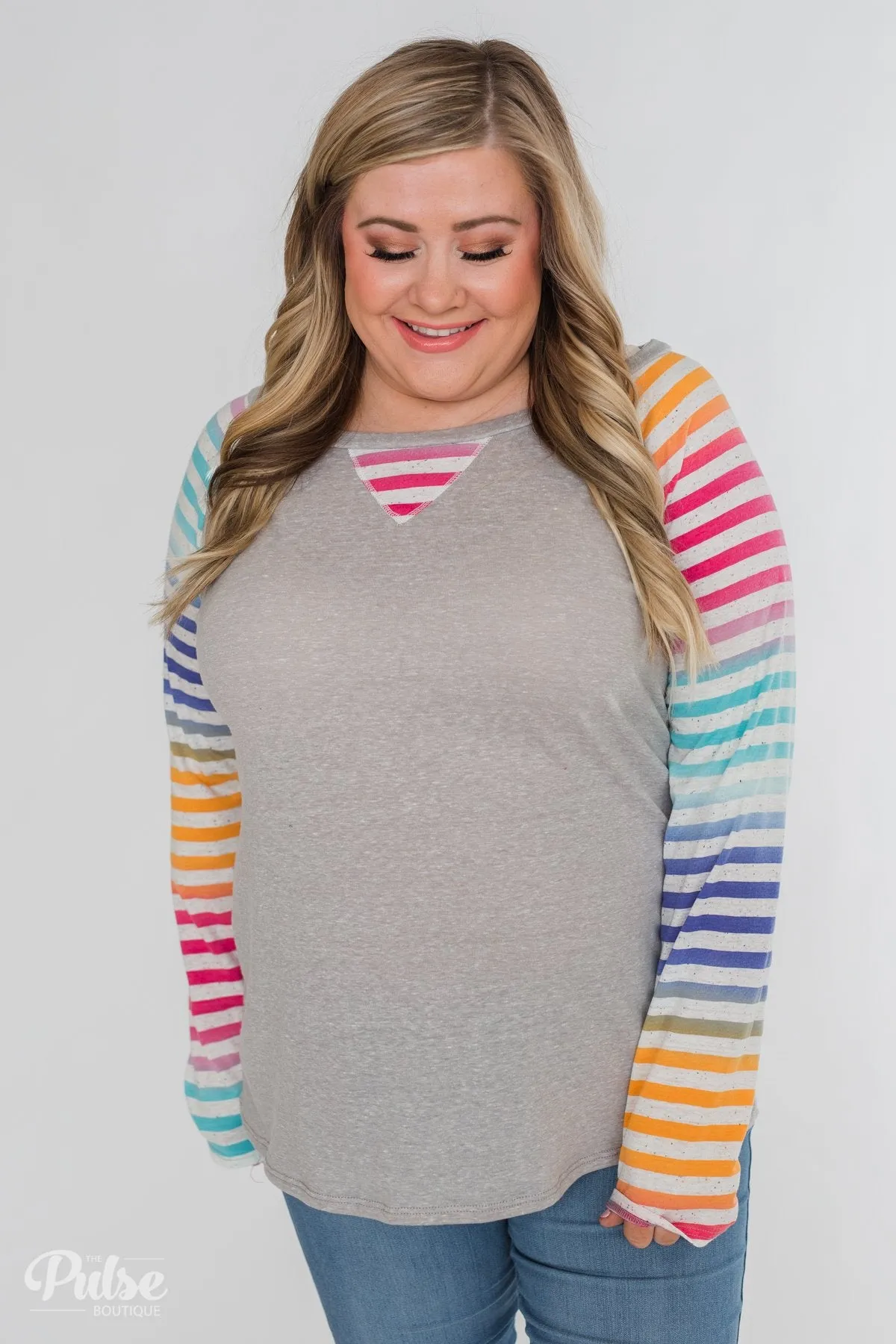 Multi-Colored Striped Sleeve Raglan Top- Grey