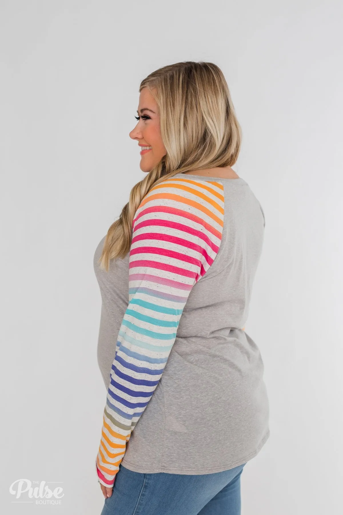 Multi-Colored Striped Sleeve Raglan Top- Grey
