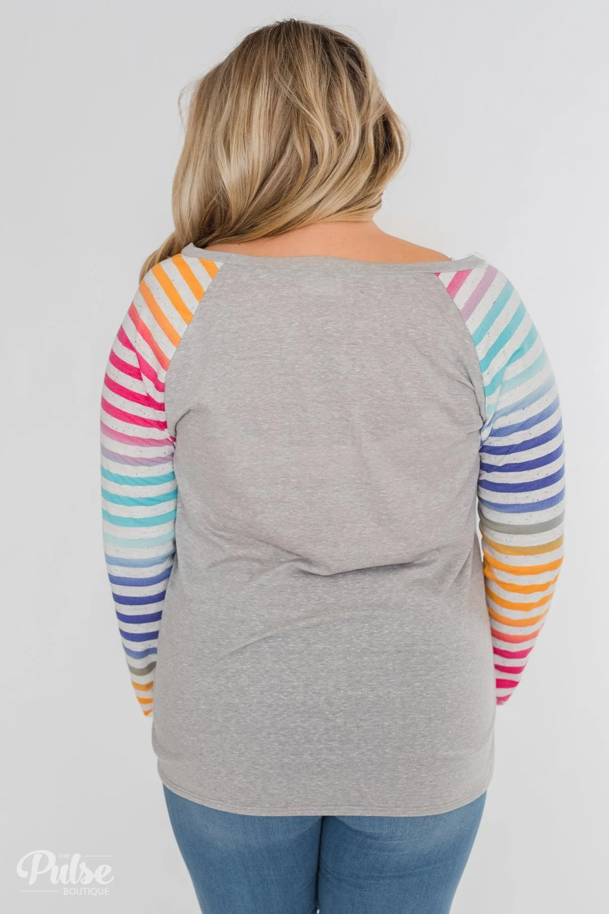 Multi-Colored Striped Sleeve Raglan Top- Grey