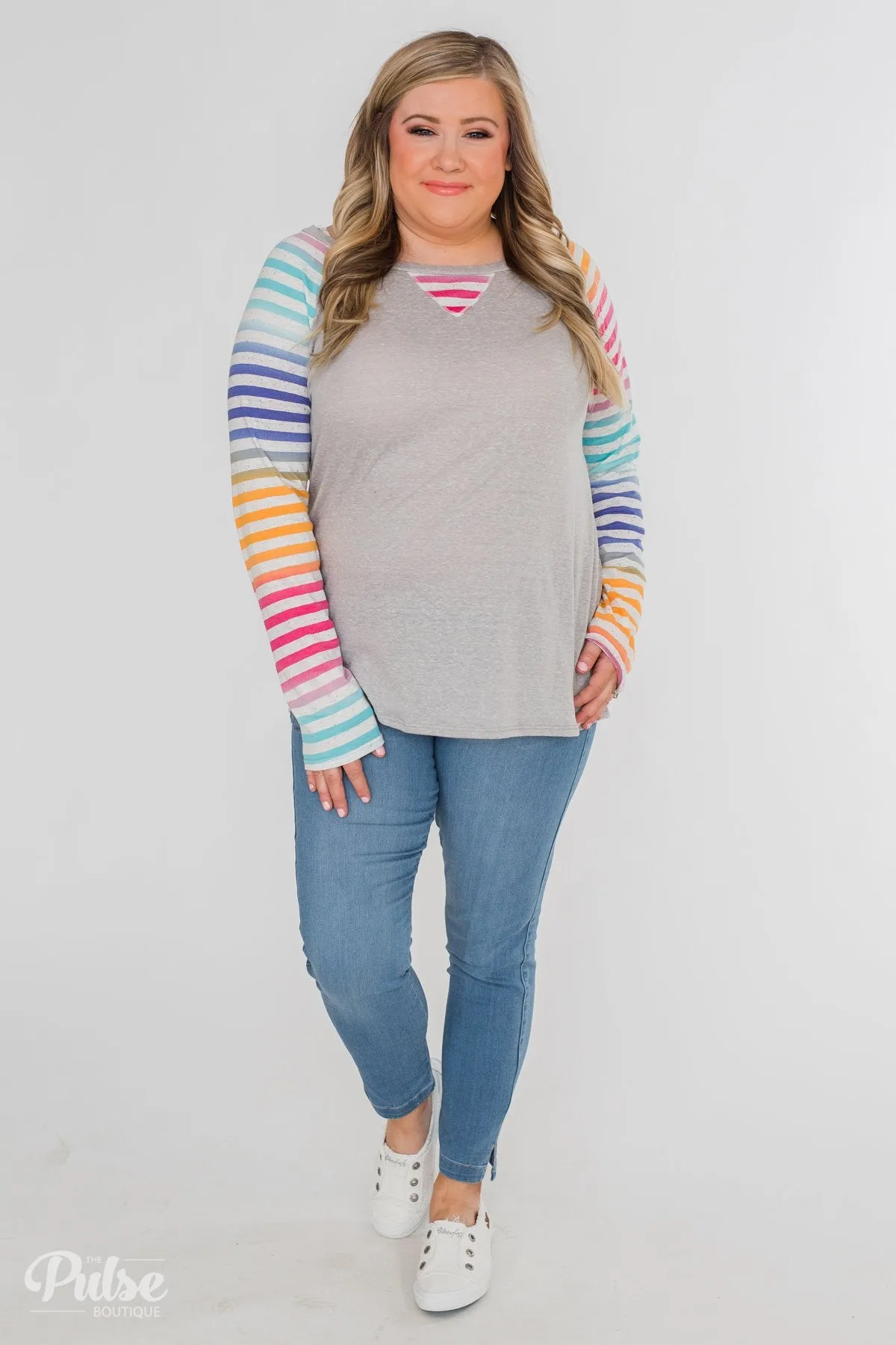 Multi-Colored Striped Sleeve Raglan Top- Grey