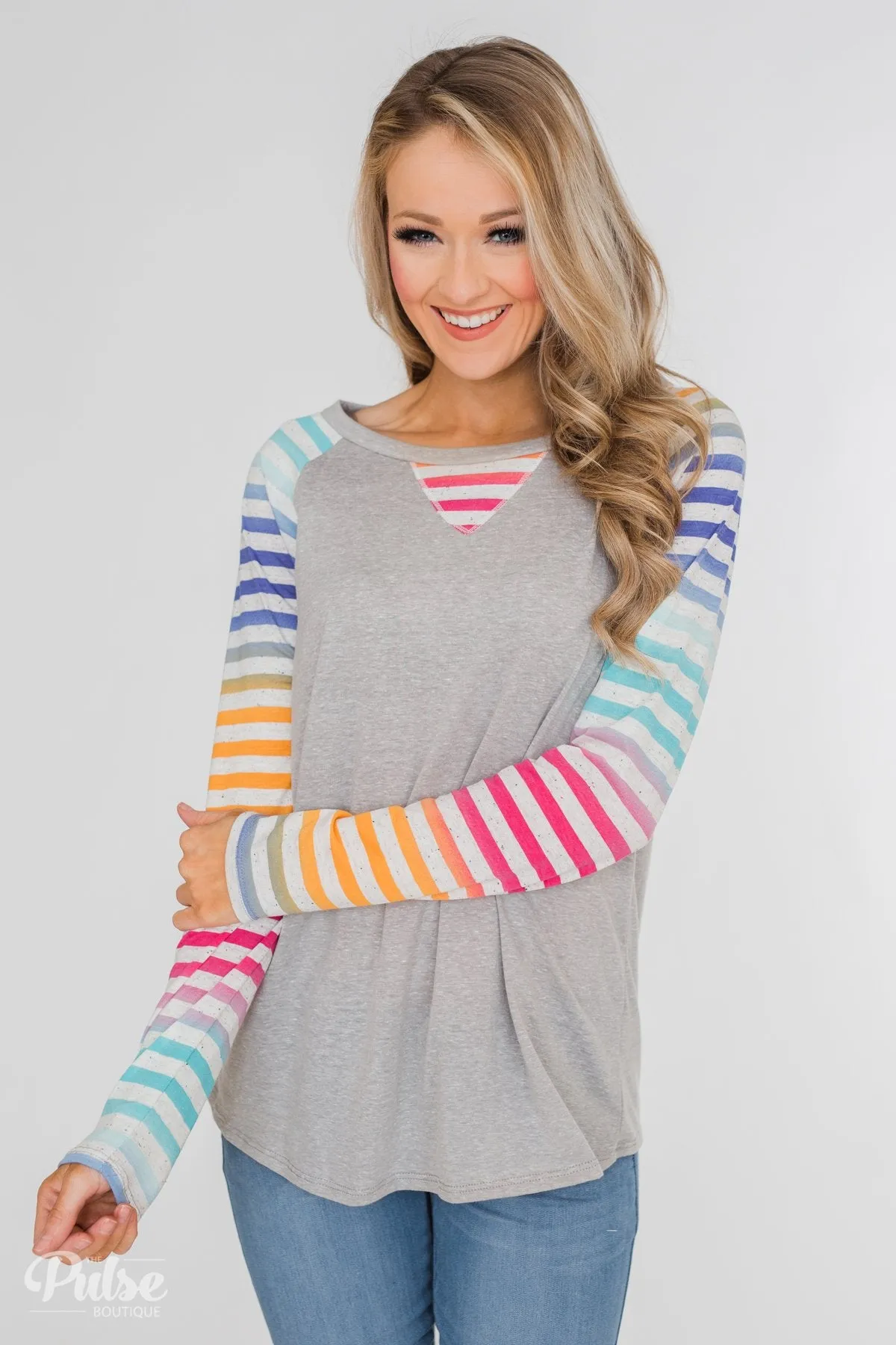 Multi-Colored Striped Sleeve Raglan Top- Grey