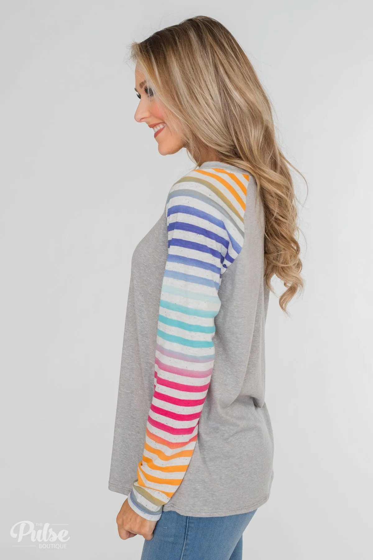 Multi-Colored Striped Sleeve Raglan Top- Grey