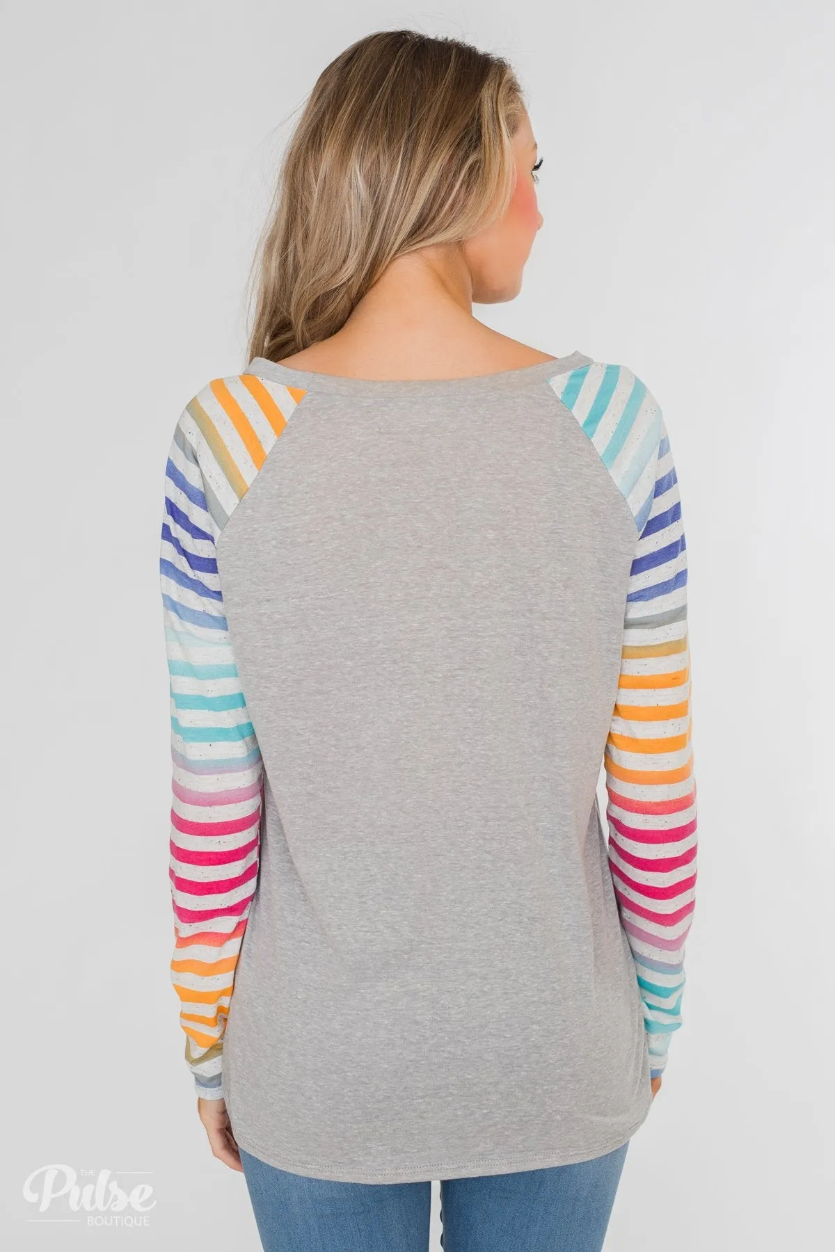 Multi-Colored Striped Sleeve Raglan Top- Grey