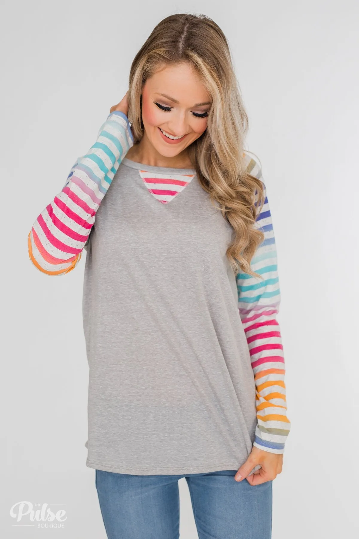 Multi-Colored Striped Sleeve Raglan Top- Grey