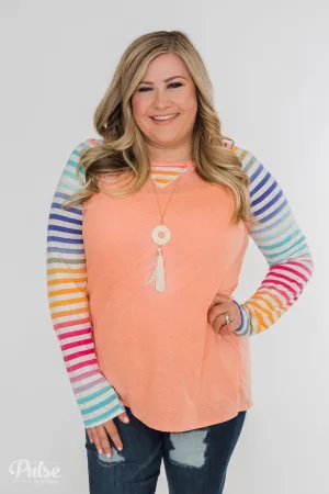 Multi-Colored Striped Sleeve Raglan Top- Peach
