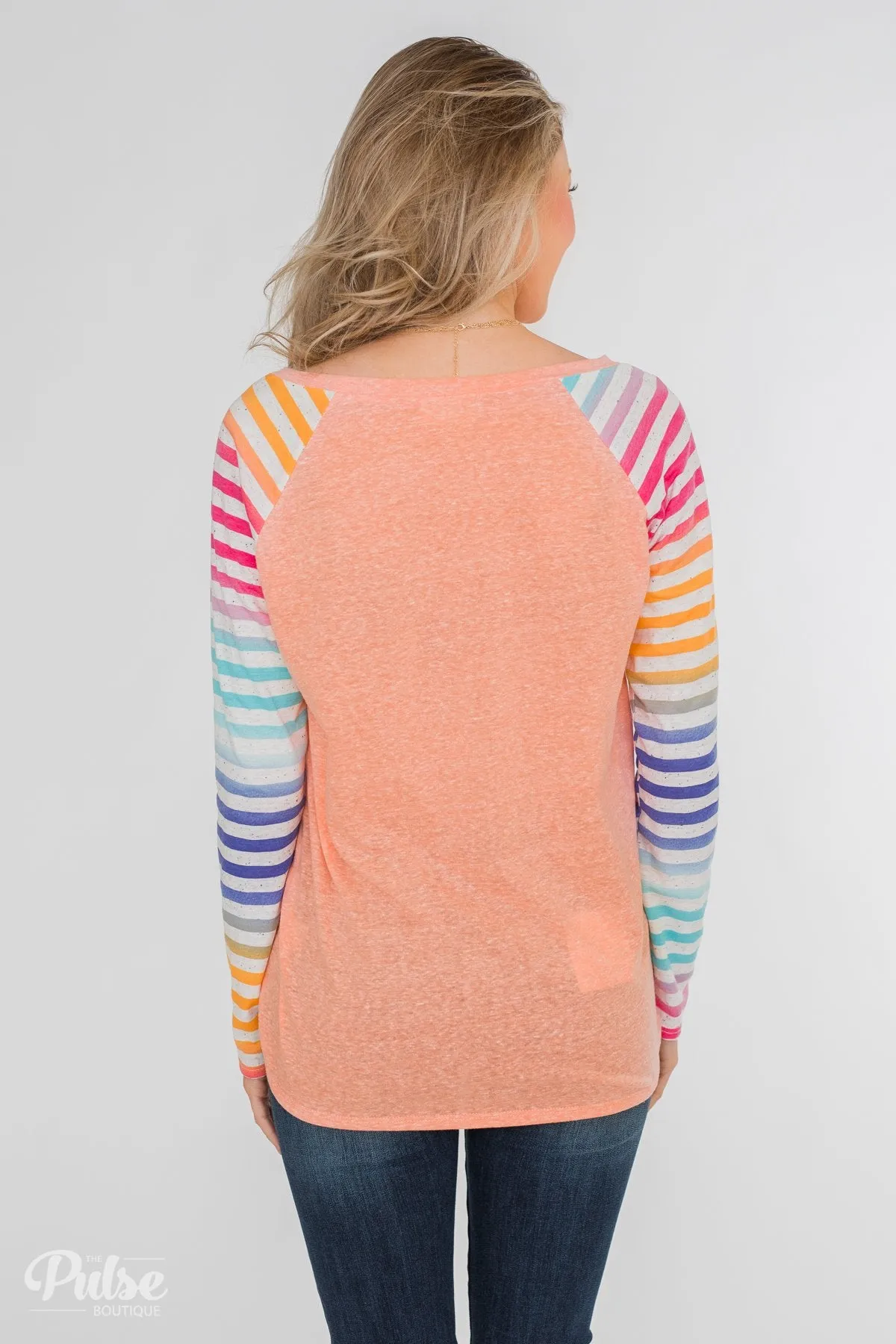 Multi-Colored Striped Sleeve Raglan Top- Peach