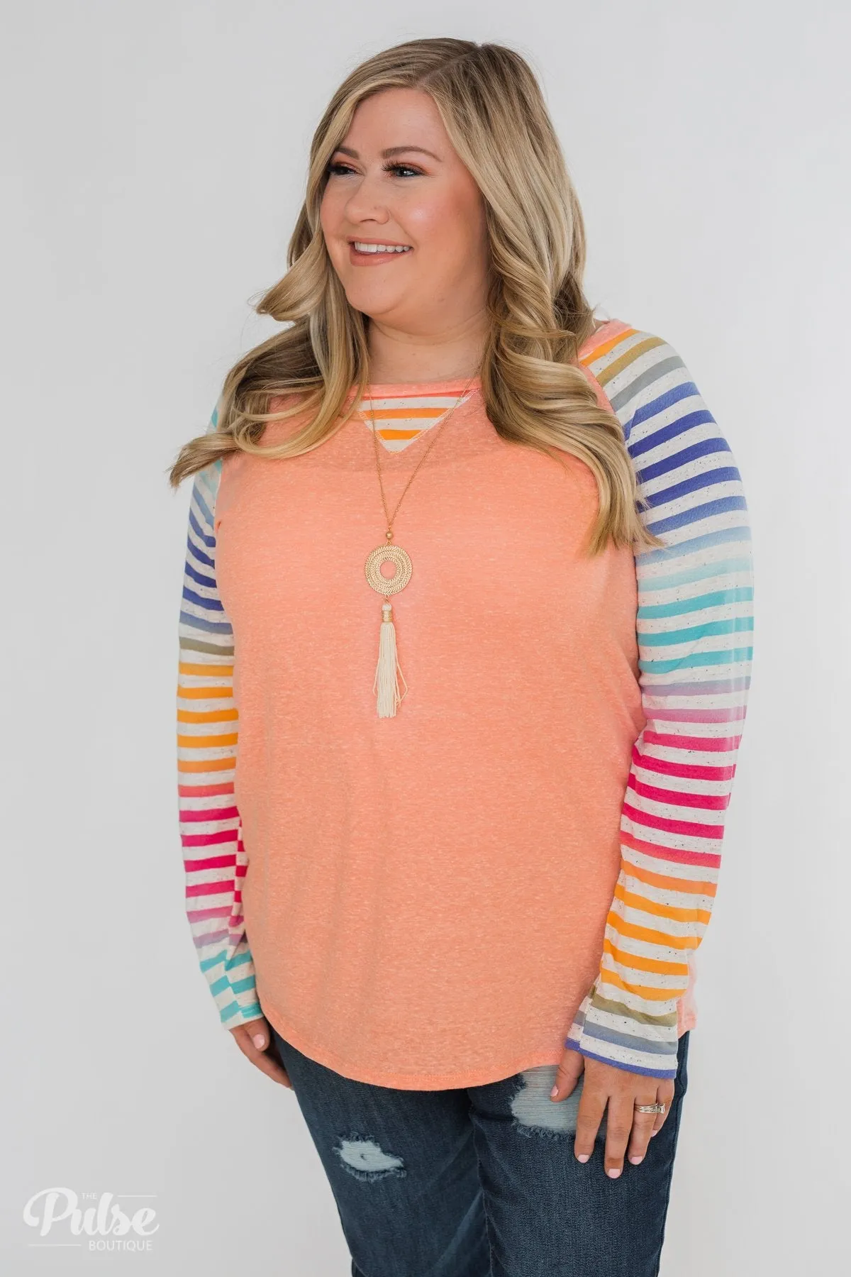 Multi-Colored Striped Sleeve Raglan Top- Peach