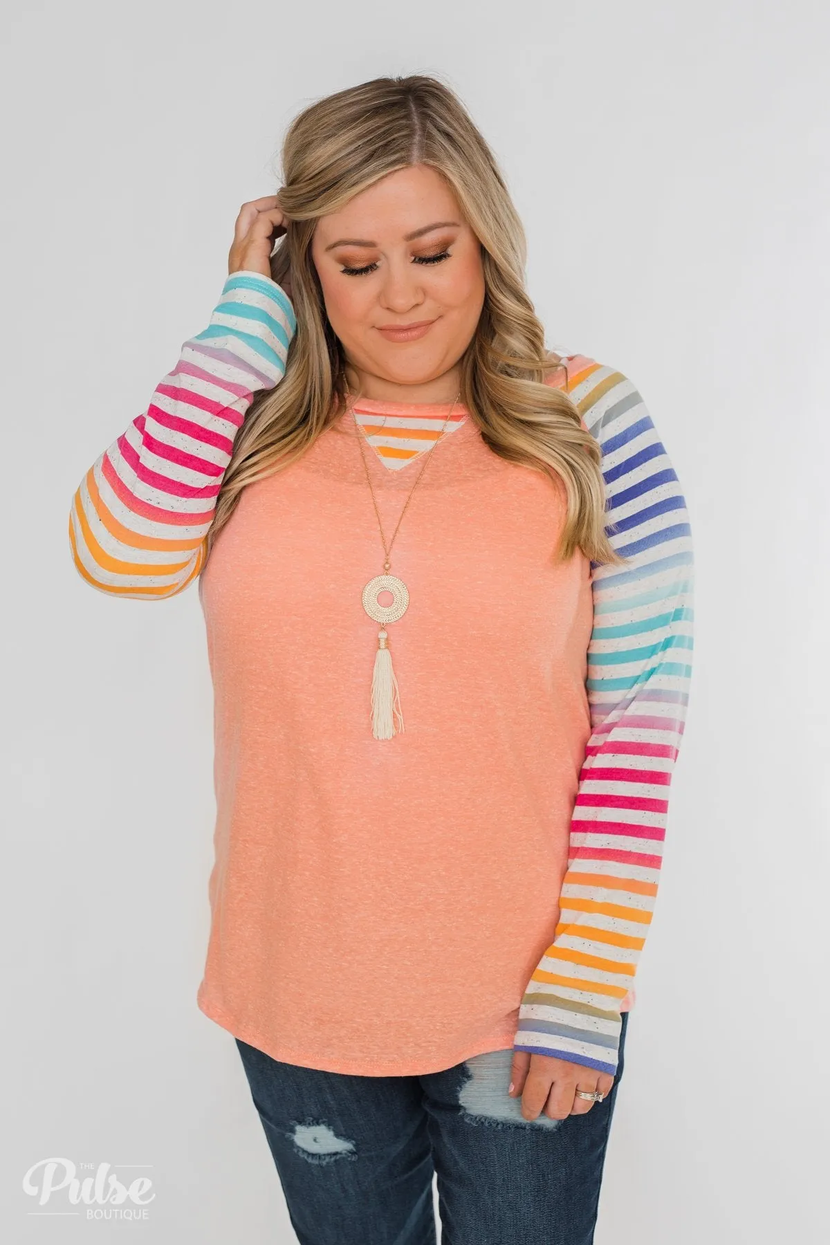 Multi-Colored Striped Sleeve Raglan Top- Peach