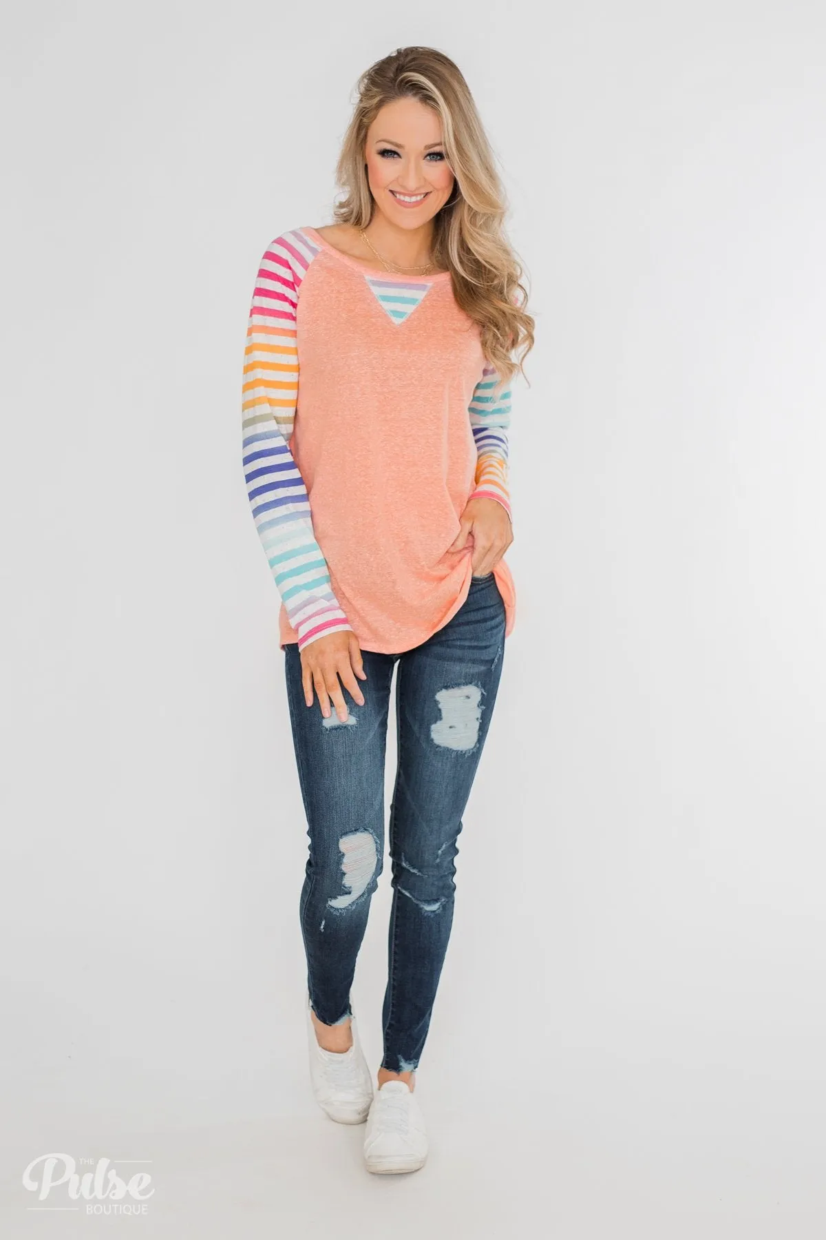 Multi-Colored Striped Sleeve Raglan Top- Peach
