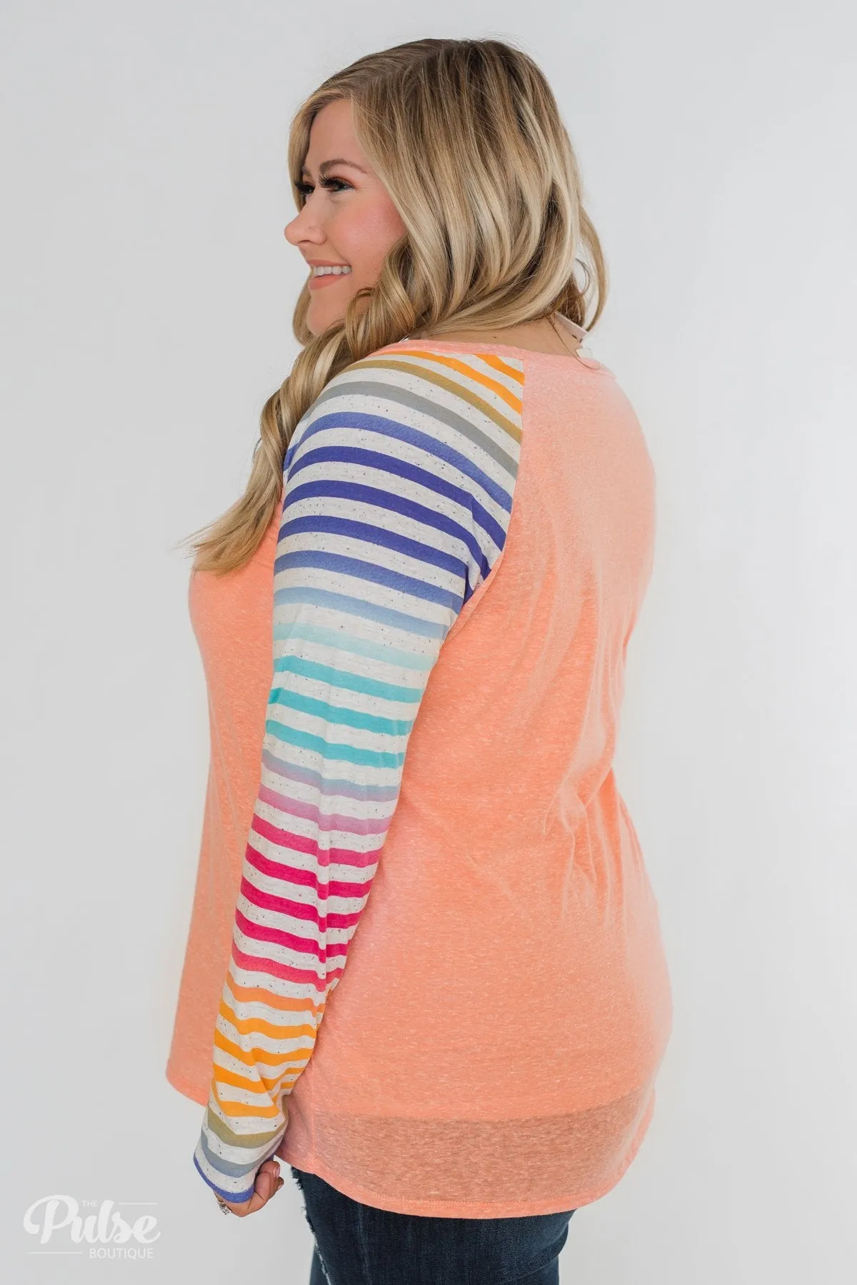 Multi-Colored Striped Sleeve Raglan Top- Peach