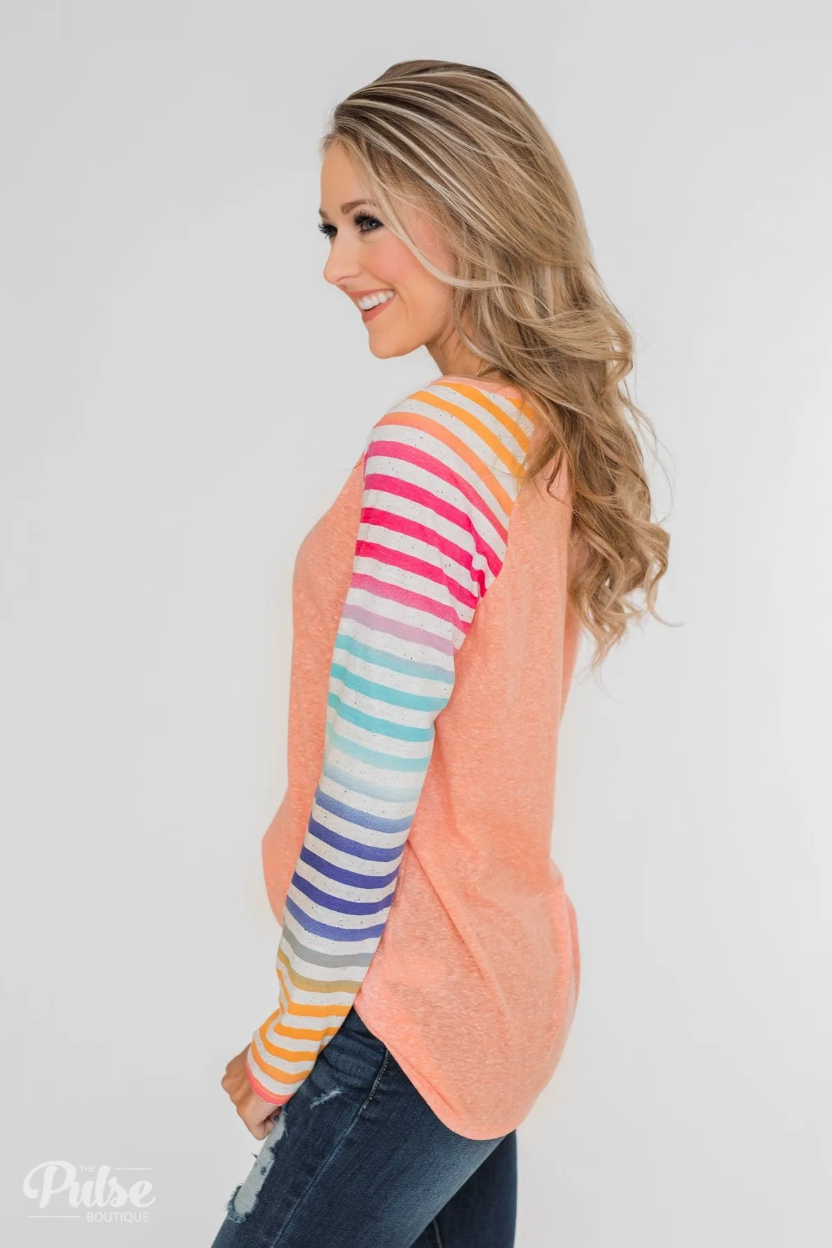Multi-Colored Striped Sleeve Raglan Top- Peach