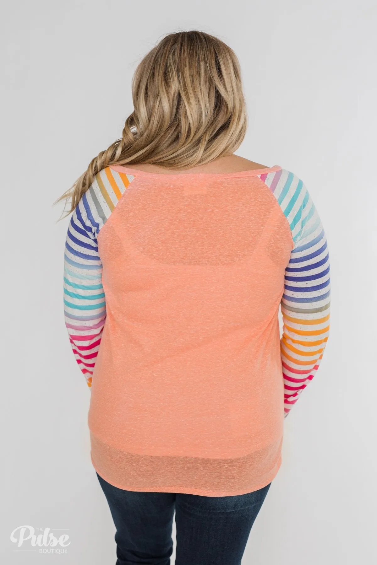 Multi-Colored Striped Sleeve Raglan Top- Peach