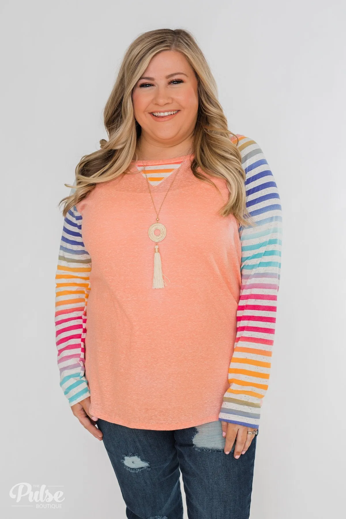 Multi-Colored Striped Sleeve Raglan Top- Peach