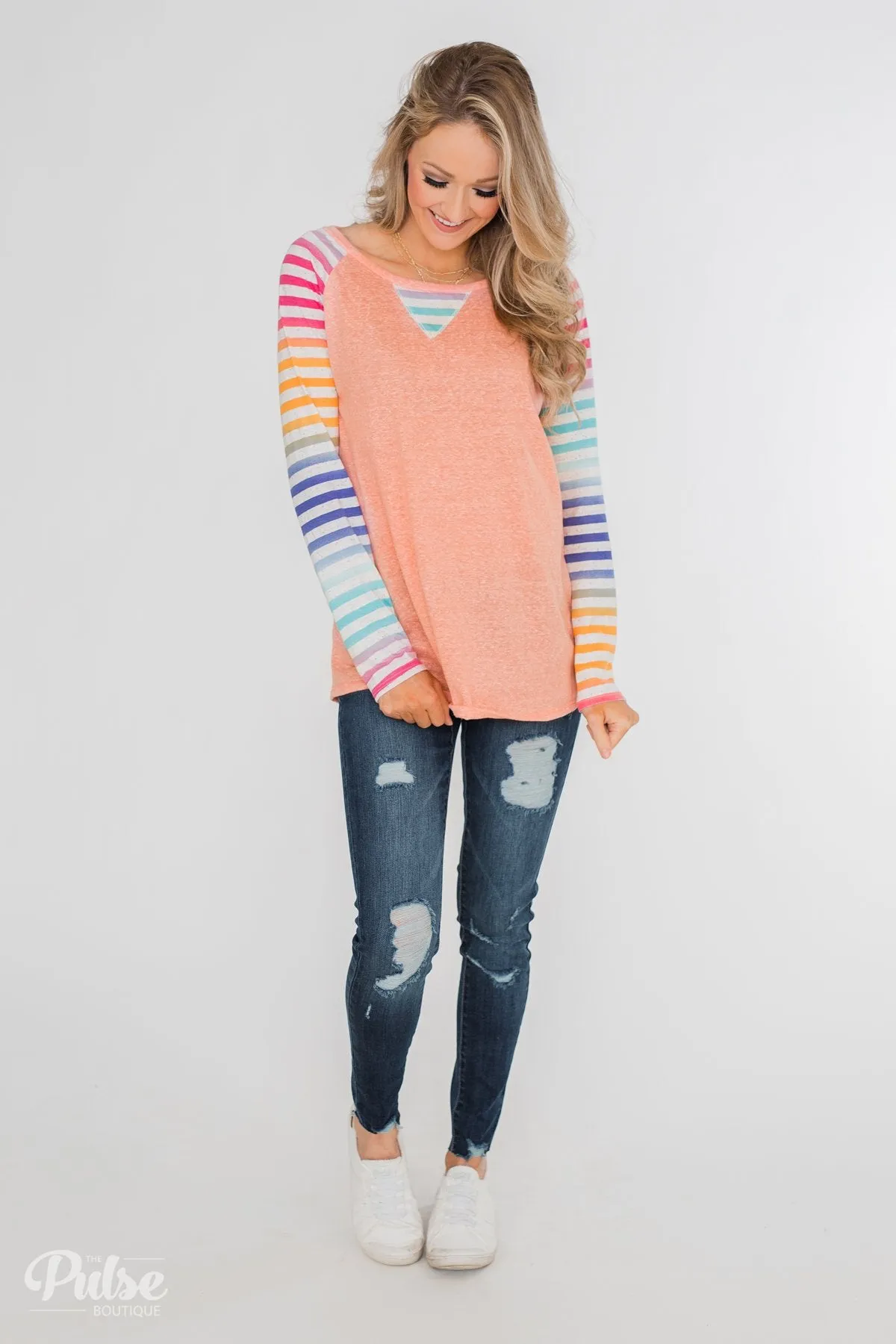 Multi-Colored Striped Sleeve Raglan Top- Peach