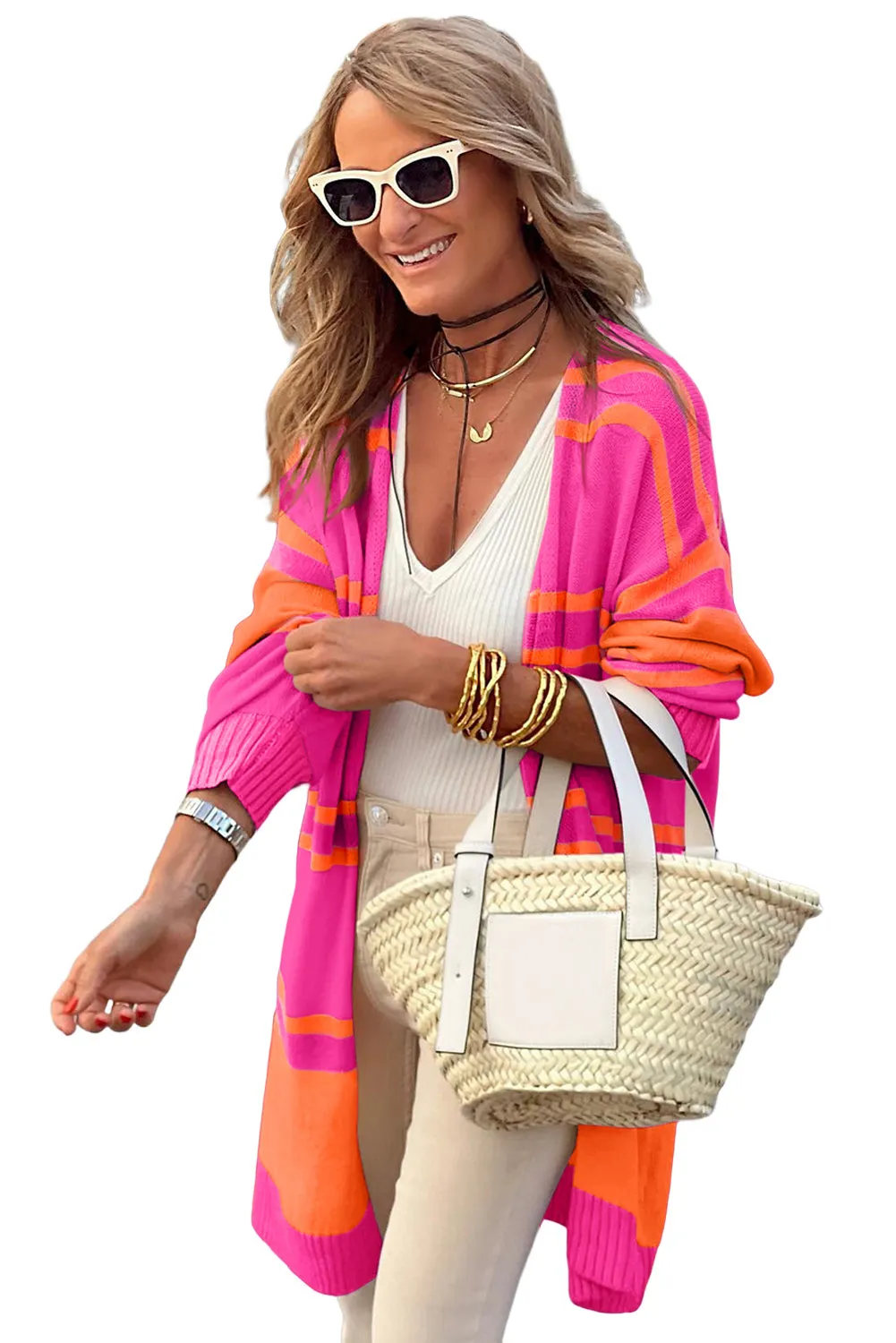 Multicolor Beige Striped Long Sleeve Ribbed Trim Button Cardigan
